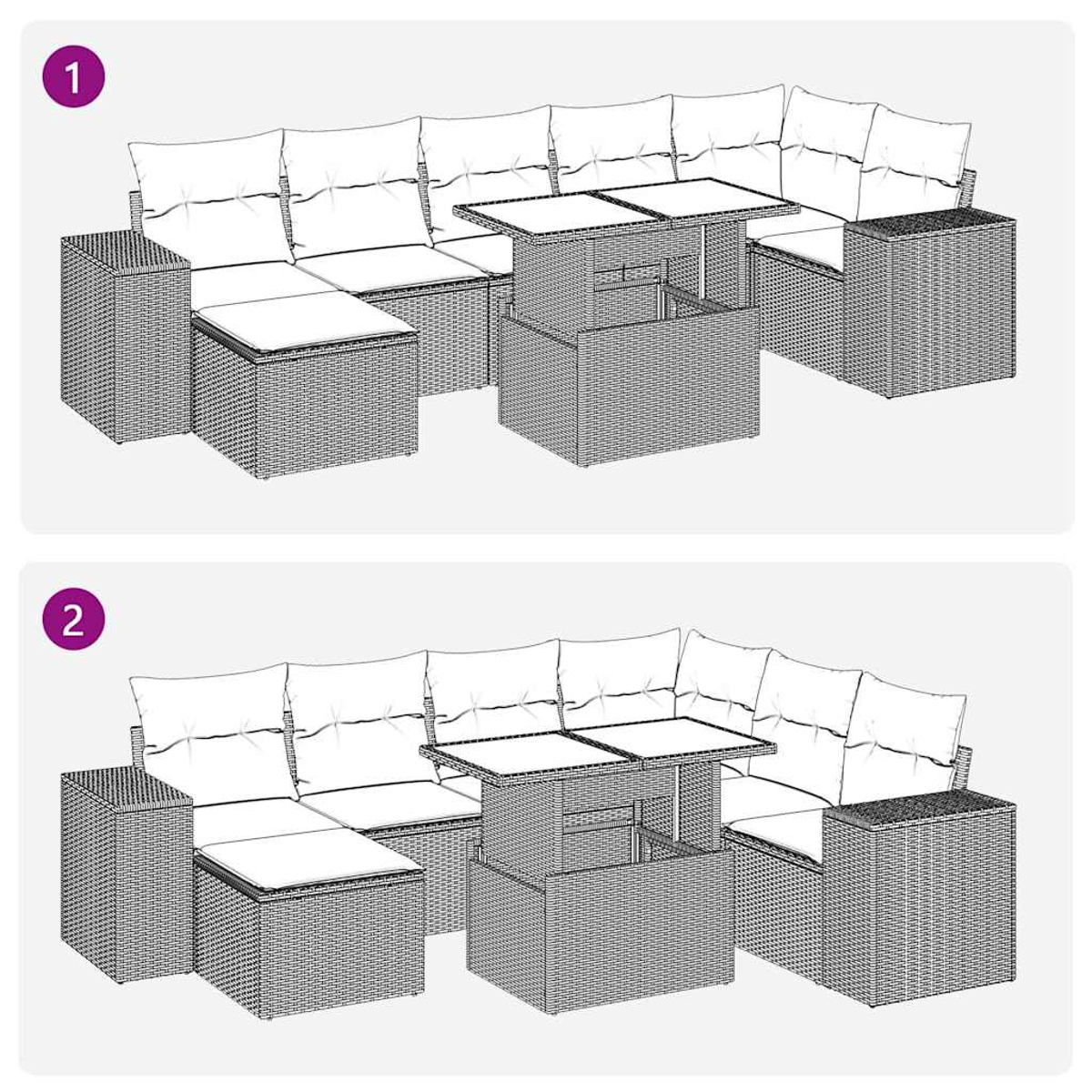 Dos juegos de muebles de exterior. Cada uno tiene un sofá seccional, una mesa y una otomana. Cada juego es de material tipo mimbre.