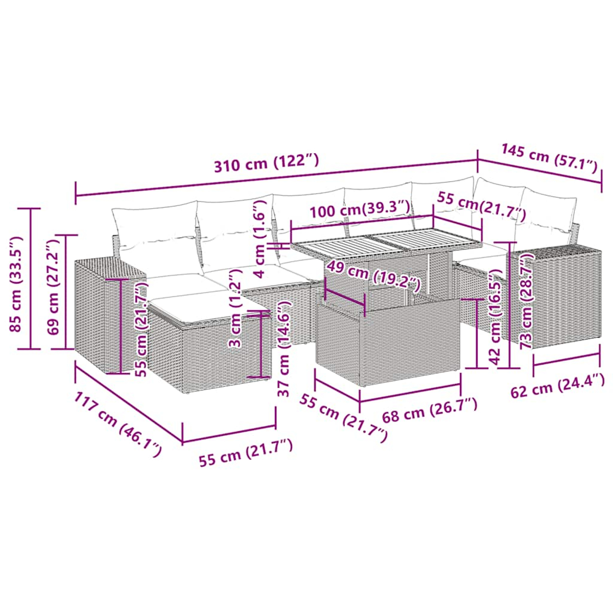 Diagramm eines Outdoor-Möbelsets aus Korbgeflecht mit Maßen. Enthält ein Sofa, einen Tisch und zwei Stühle mit weißen Kissen.