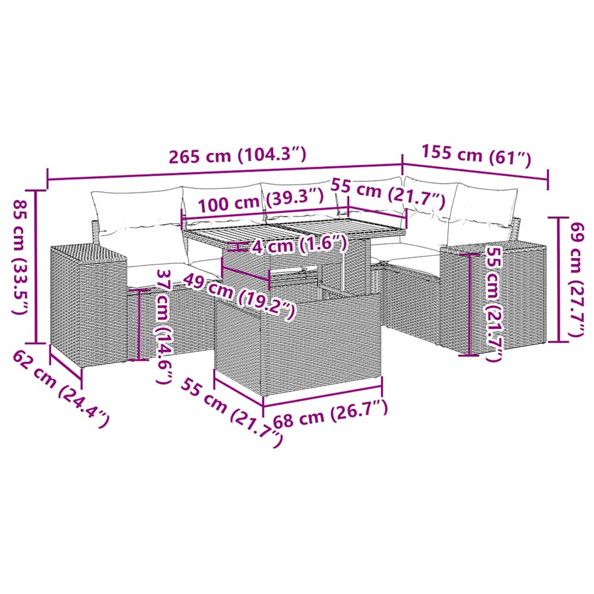 Ein Rattanset für Gartenmöbel, bestehend aus einem Tisch, zwei Sofas und zwei Sesseln, mit Maßangaben in Zentimetern und Zoll.