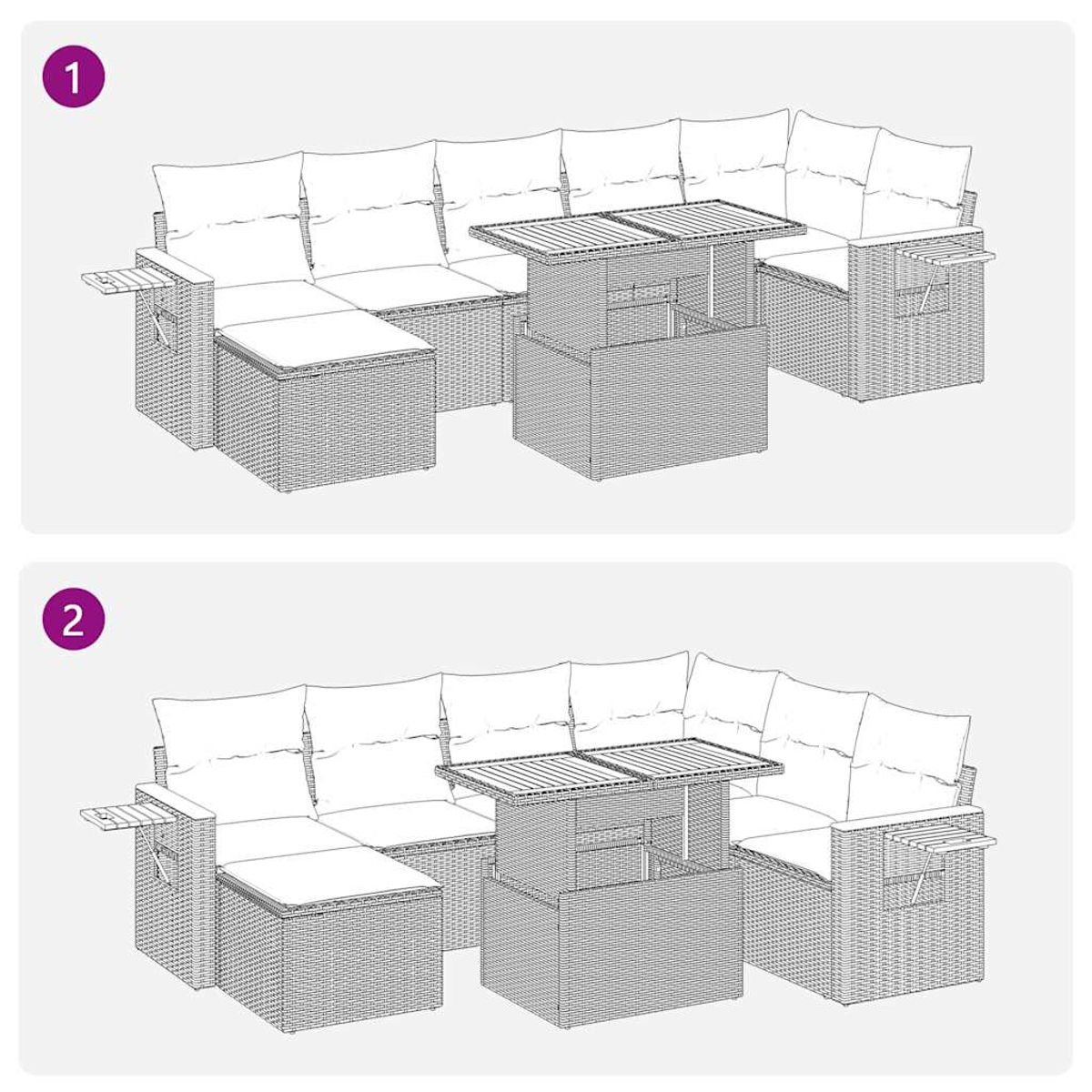 Zwei identische Sitzgruppen im Freien. Jede hat ein Sofa, einen Tisch und Beistelltische. Die Tische stehen im Zentrum.