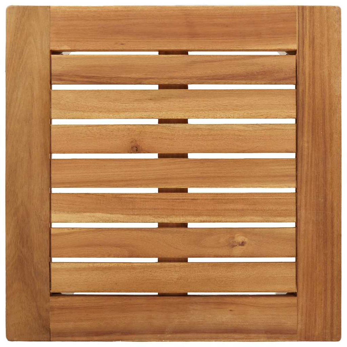 Eine hölzerne Tischplatte mit horizontalen Lamellen. Der Rahmen um die Lamellen ist ebenfalls aus Holz. Das Holz hat eine hellbraune Farbe.
