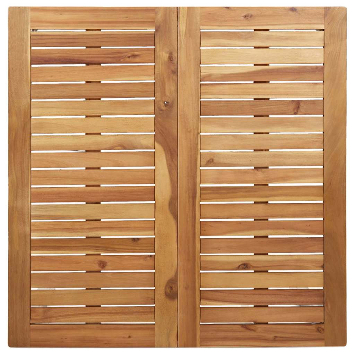 Holztischplatte mit horizontalen Lamellen. Zwei Paneele, verbunden durch einen vertikalen Holzstreifen, umrahmt von dickeren Holzkanten.