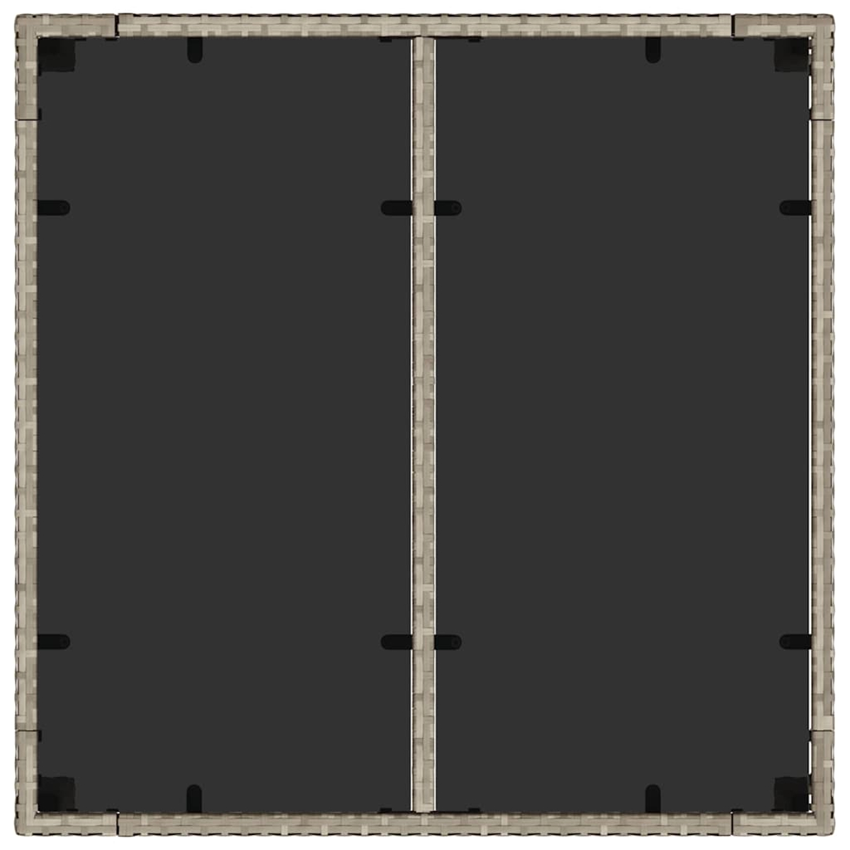 Draufsicht auf einen quadratischen, hellbraunen Rahmen im Weidenstil mit dunkelgrauen Paneelen. Schwarze Clips sichern die Paneele am Rahmen.