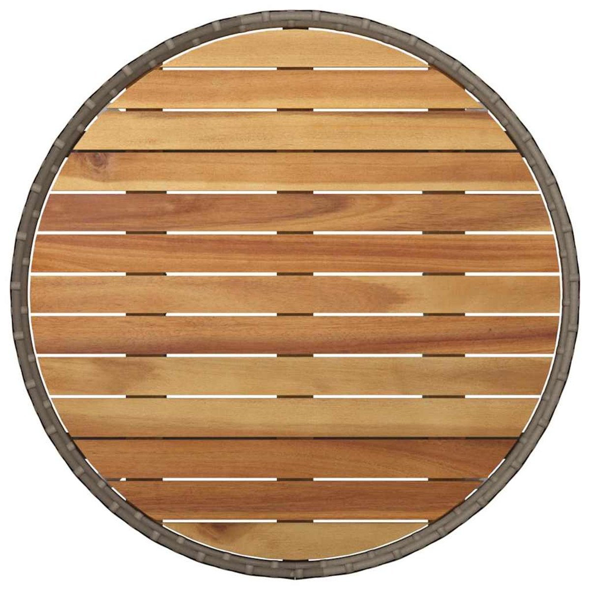 Ein runder Holztisch von oben gesehen. Die Tischplatte hat horizontale Holzlatten. Ein gewebter grauer Rand umgibt den Tisch.