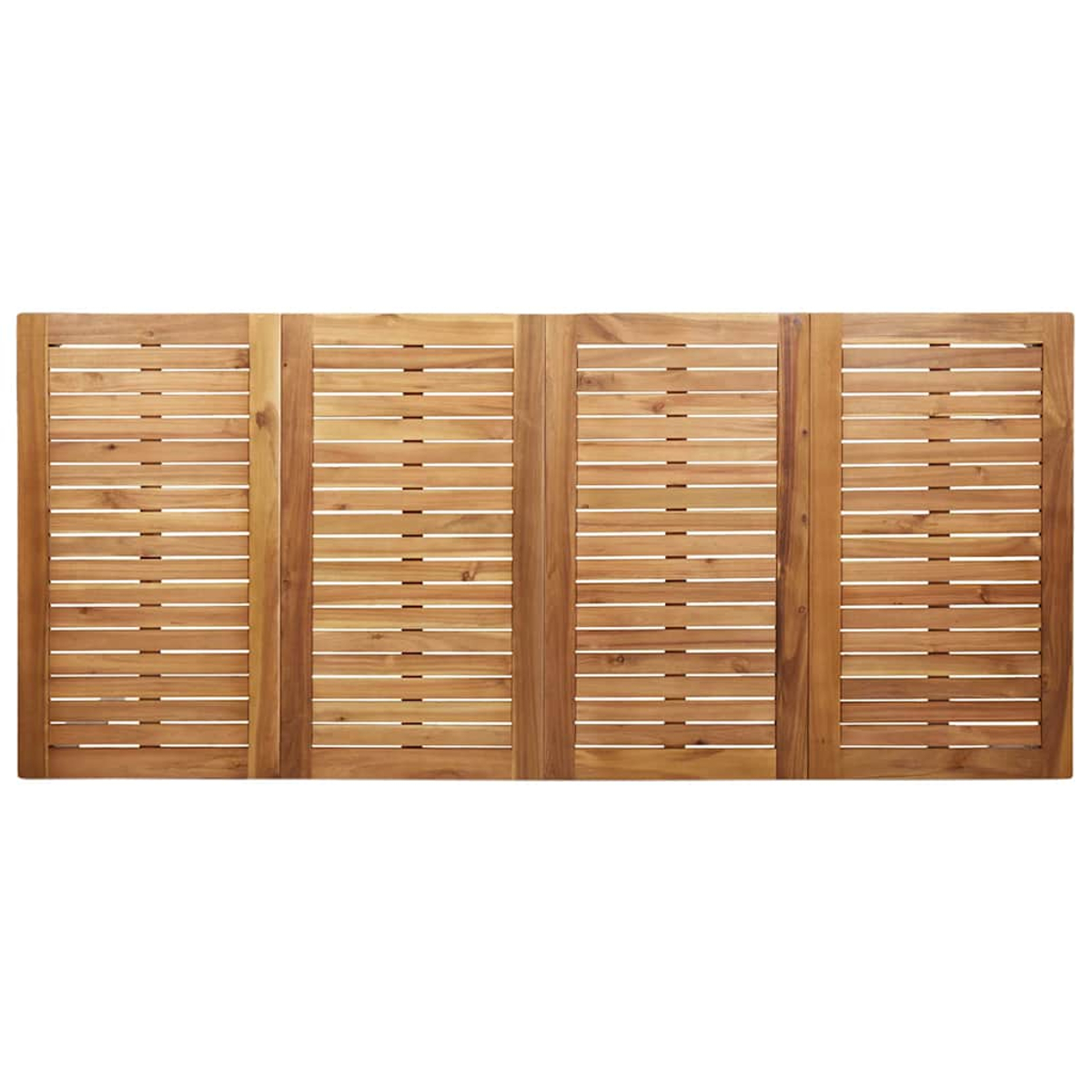 Una mesa rectangular de madera con cuatro secciones. Cada sección tiene listones horizontales. La madera es de color marrón claro.