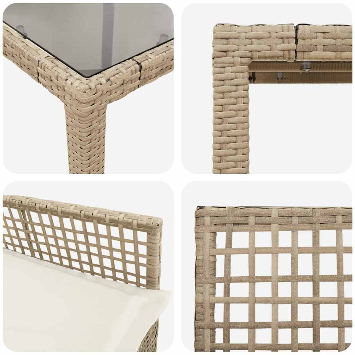 Nahaufnahmen von gewebten Gartenmöbeln. Enthält eine Tischkante mit Glasplatte, eine Stuhllehne mit Kissen und gewebte Details.