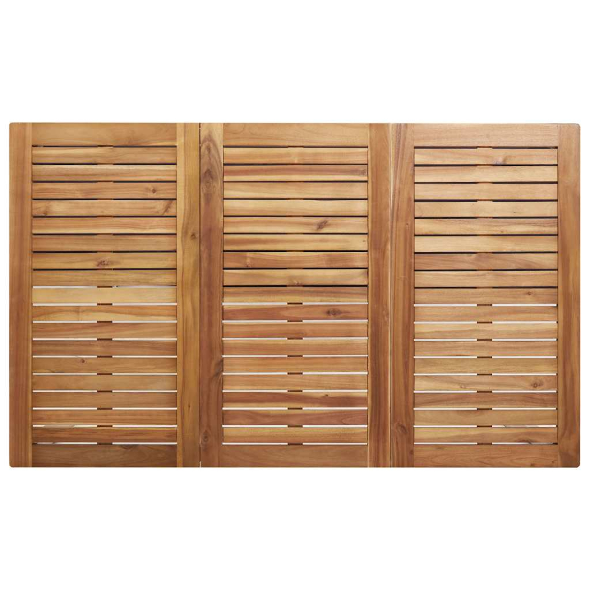 Holztischplatte mit drei Paneelen. Jedes Paneel hat horizontale Holzlatten. Das Holz ist hellbraun.