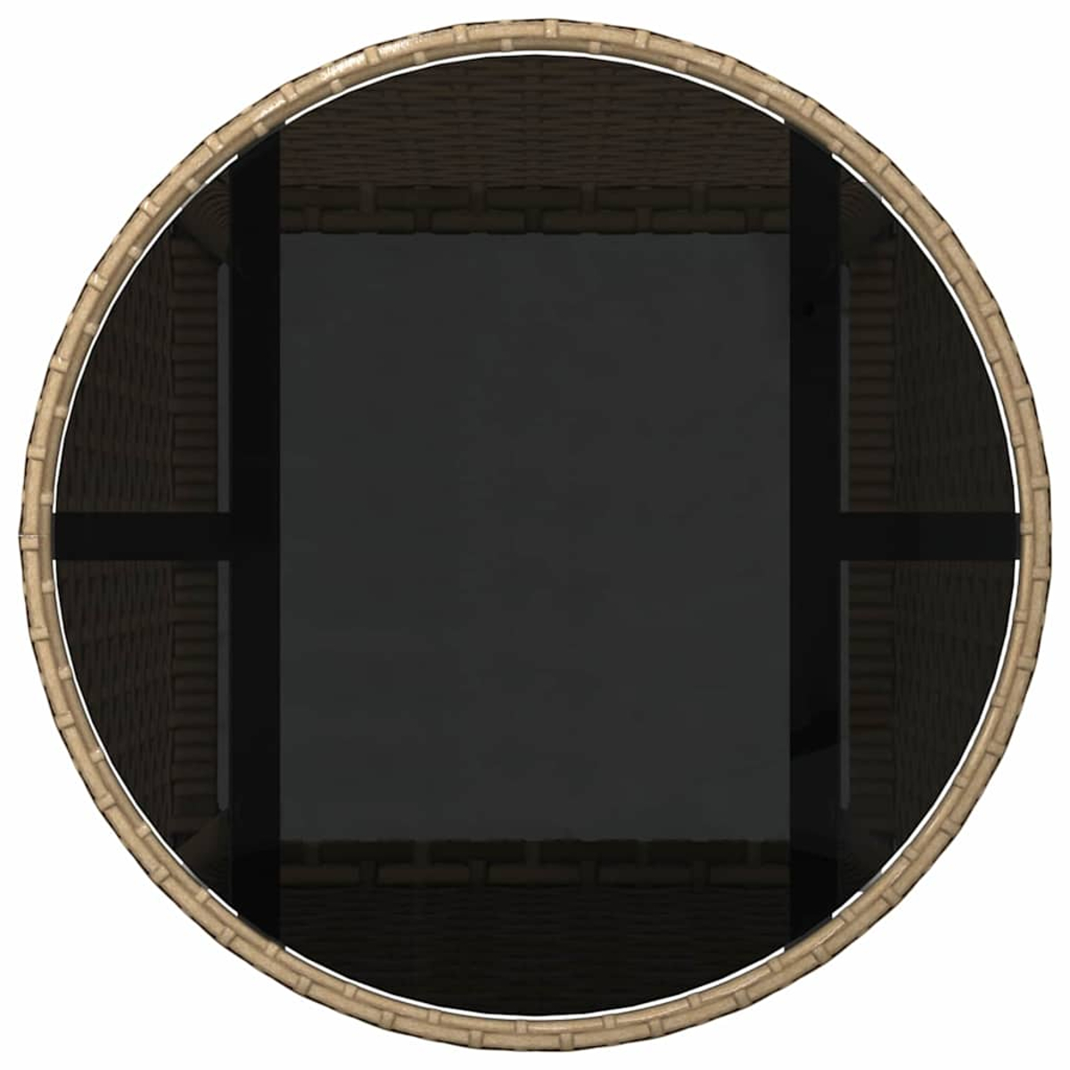 Draufsicht auf einen runden Korbtisch. Die Mitte ist dunkel und reflektierend, die Ränder sind aus Korb und die Stützbalken sind schwarz.