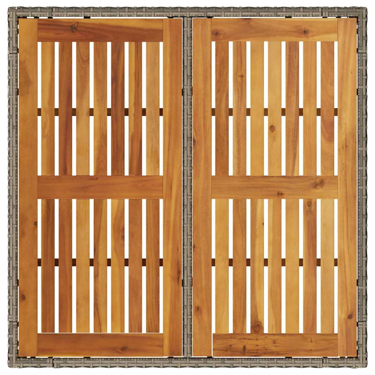 Zwei Holztüren mit vertikalen Lamellen und braunen Rahmen sind in einen grauen Webrahmen eingefasst.
