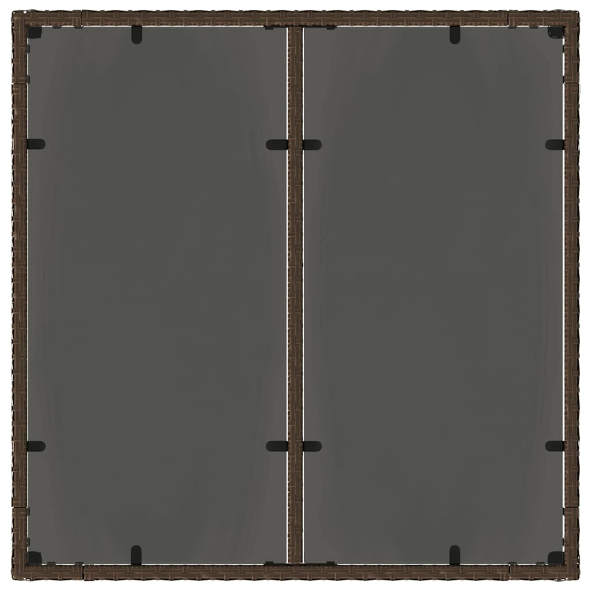 Draufsicht auf einen braunen Korbrahmen mit zwei grauen Paneelen. Schwarze Verbinder sind auf den Paneelen sichtbar.