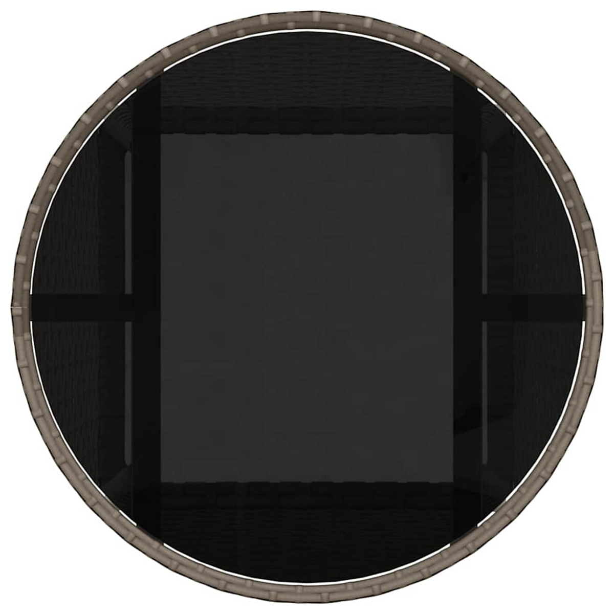 Draufsicht auf einen runden Tisch mit gewebtem Rand und einer dunklen, quadratischen Tischplatte. Schwarze Stützen sind sichtbar.