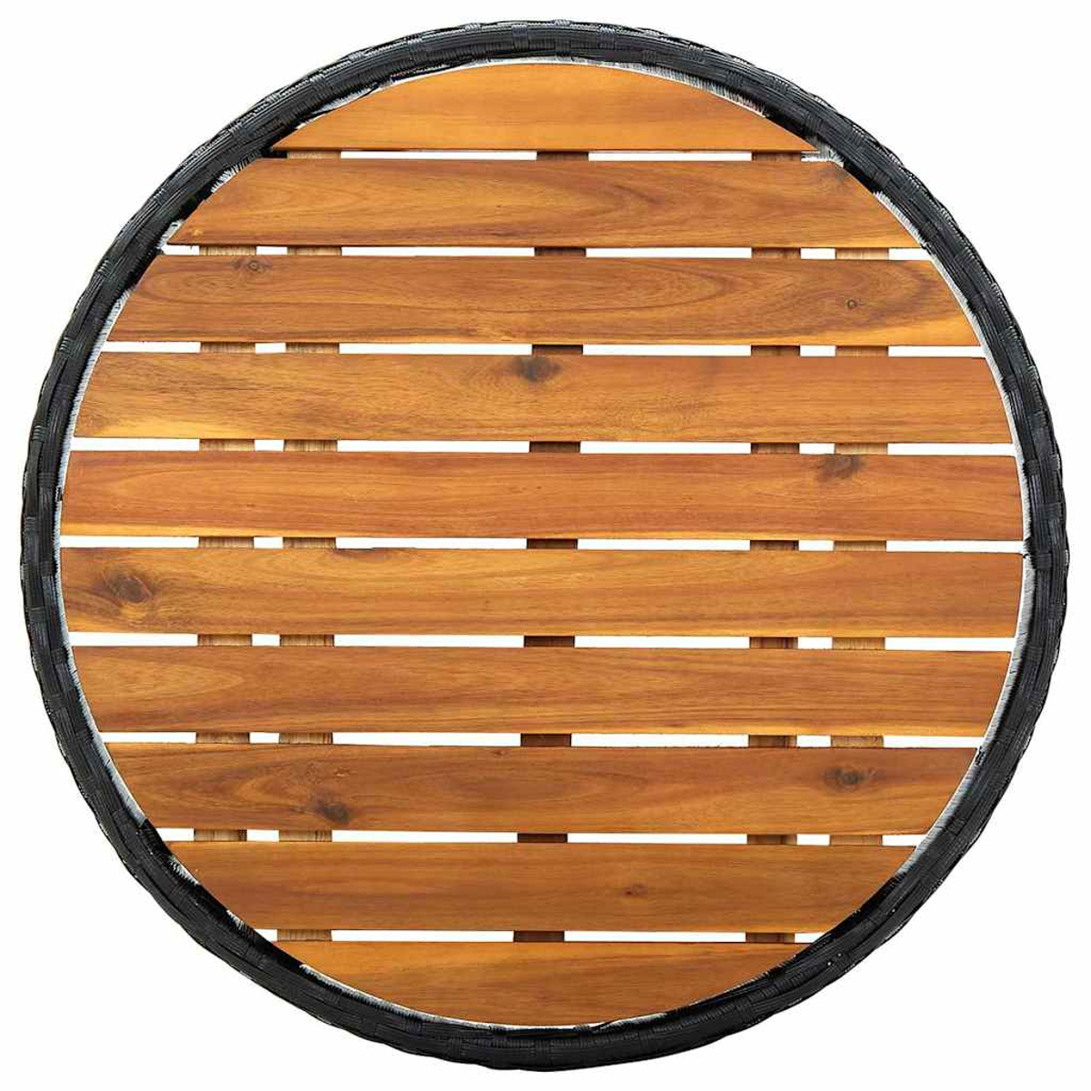 Ein runder Holztisch von oben betrachtet. Die Oberfläche besteht aus horizontalen Holzplanken, umgeben von einem schwarzen gewebten Rand.