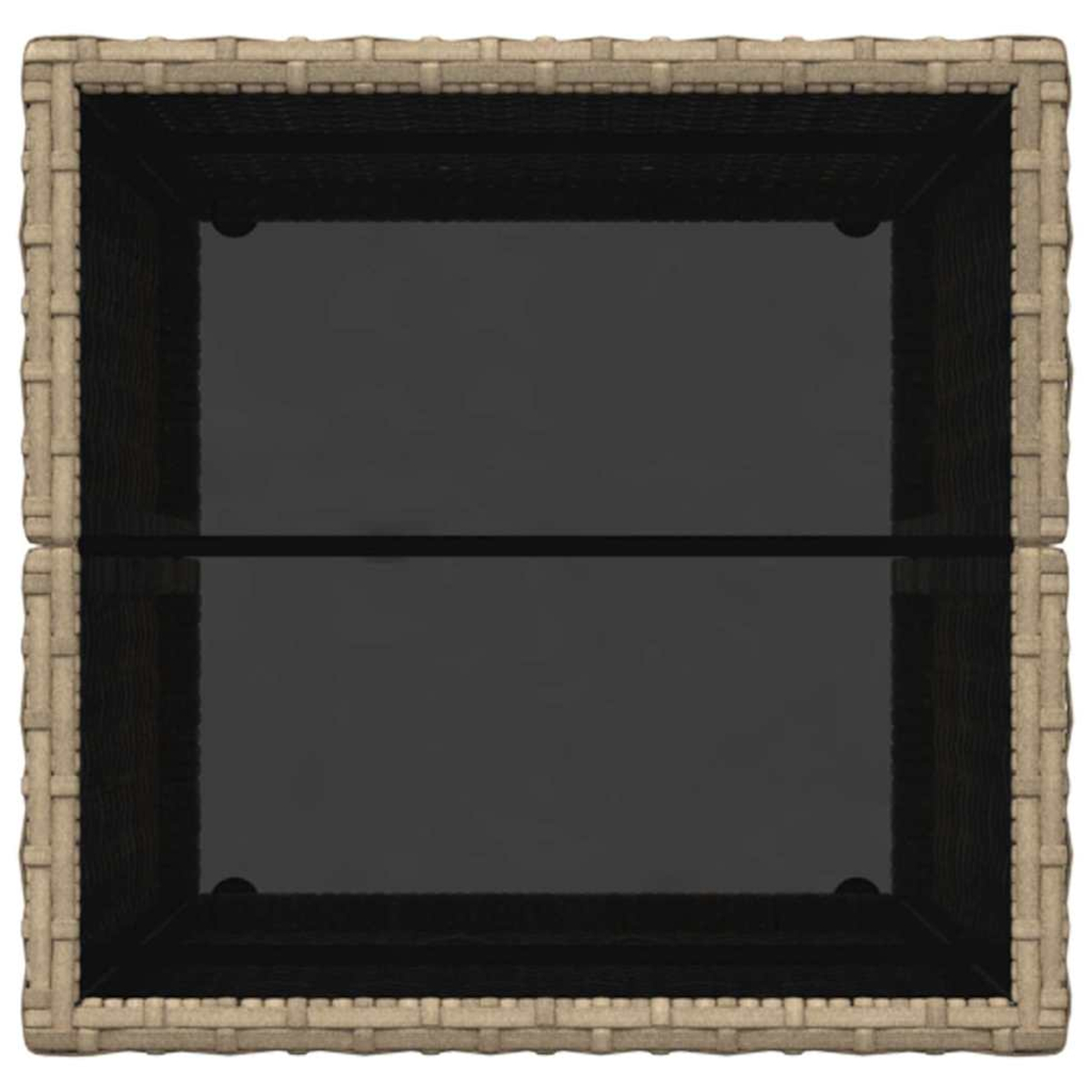 Ein quadratischer, gewebter Korb mit dunklem Innenraum und einem Glasregal, von oben betrachtet. Der Rahmen ist hellbraun, das Innere dunkel.
