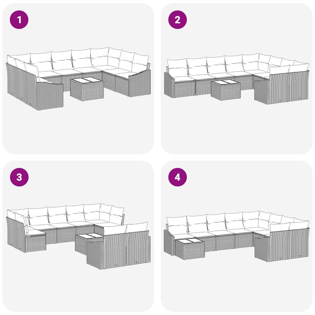 Vier verschiedene Ansichten eines modularen Outdoor-Möbelsets. Jede Ansicht zeigt das Set in einer anderen Konfiguration mit einem Couchtisch.