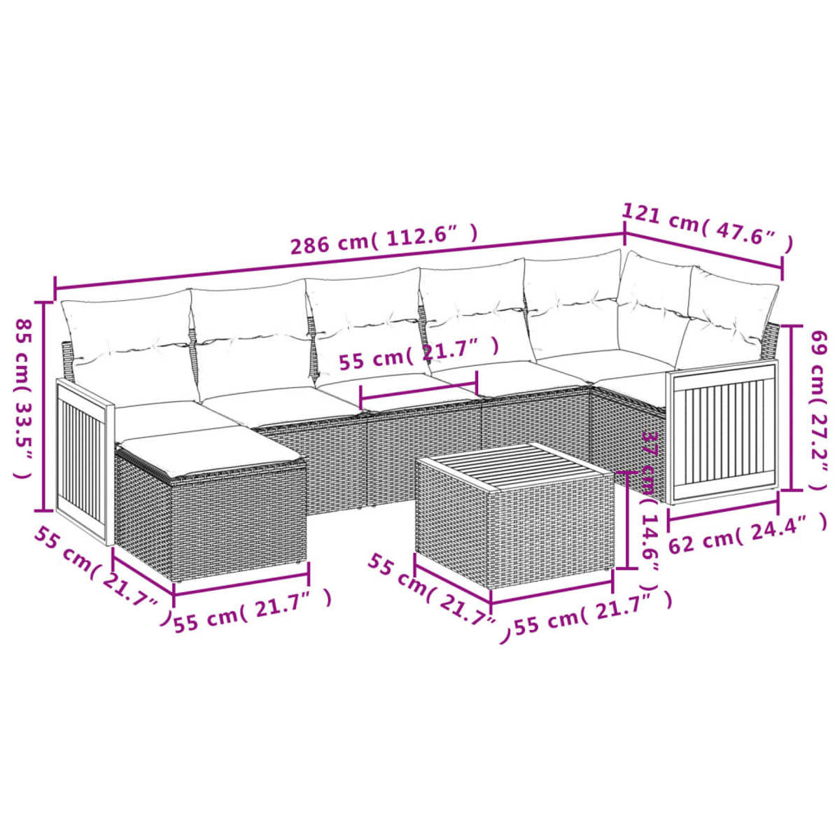 Un sofá seccional para exteriores con dimensiones etiquetadas. Incluye cojines y una mesa cuadrada a juego. El marco parece ser de mimbre.