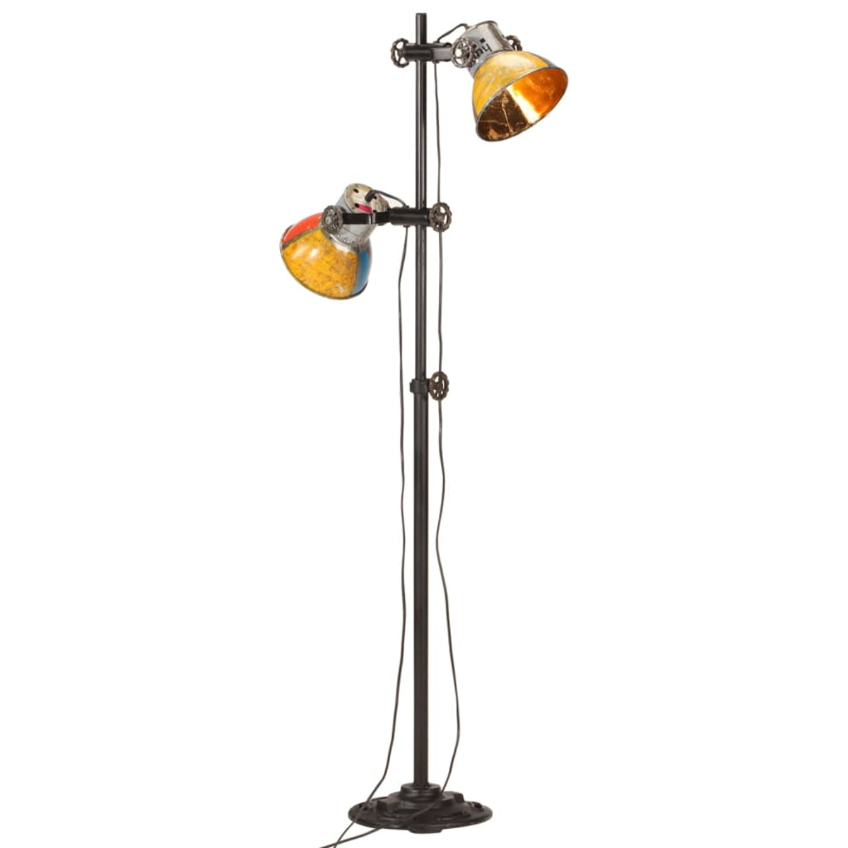 Eine Stehlampe im Vintage-Stil mit zwei verstellbaren Leuchten. Die Lampenschirme haben bunte Muster und Metalldetails. Der Sockel ist rund.