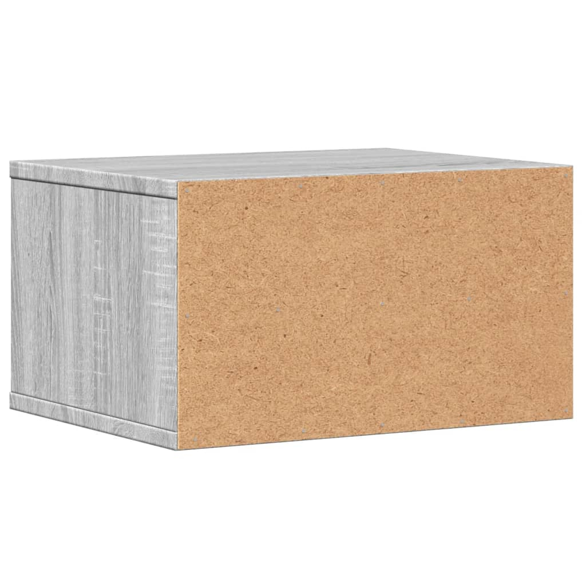 Ein grauer Holzschrank mit einer Rückwand aus Spanplatten. Die Vorder- und Seitenfläche haben ein Holzmaserungsmuster. Der Hintergrund ist weiß.