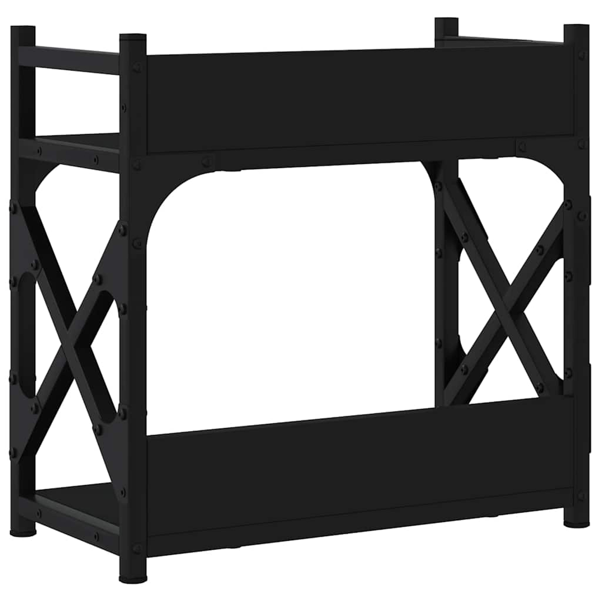 Schwarzes Metallregal mit zwei Regalböden, X-förmigen Stützen und Nieten. Der Hintergrund ist weiß.