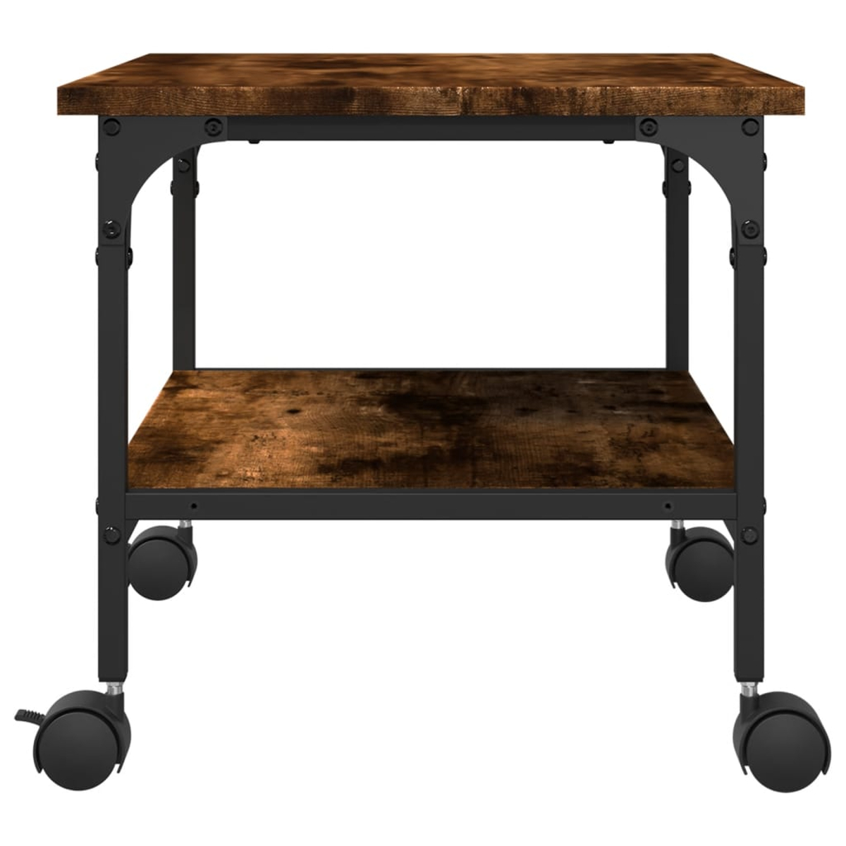 Ein brauner und schwarzer rollender Beistelltisch. Er hat eine Holzplatte und ein Regal. Der Rahmen ist schwarz mit Rädern unten.