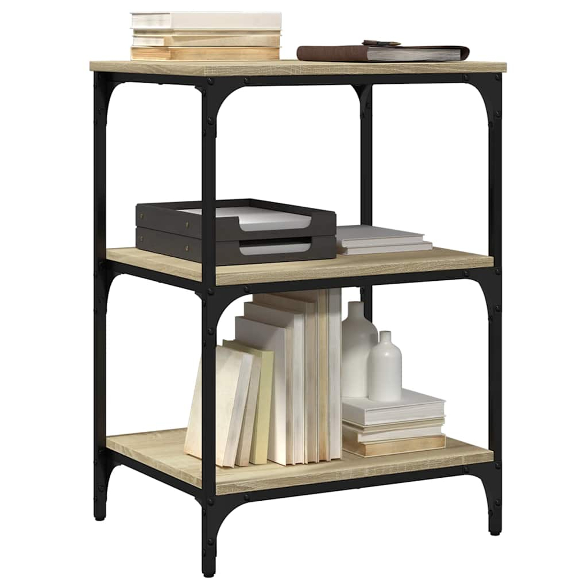 Ein dreistöckiges Regal mit Büchern, Papierkörben und Dekor. Es hat ein schwarzes Metallgestell und helle Holzregale.