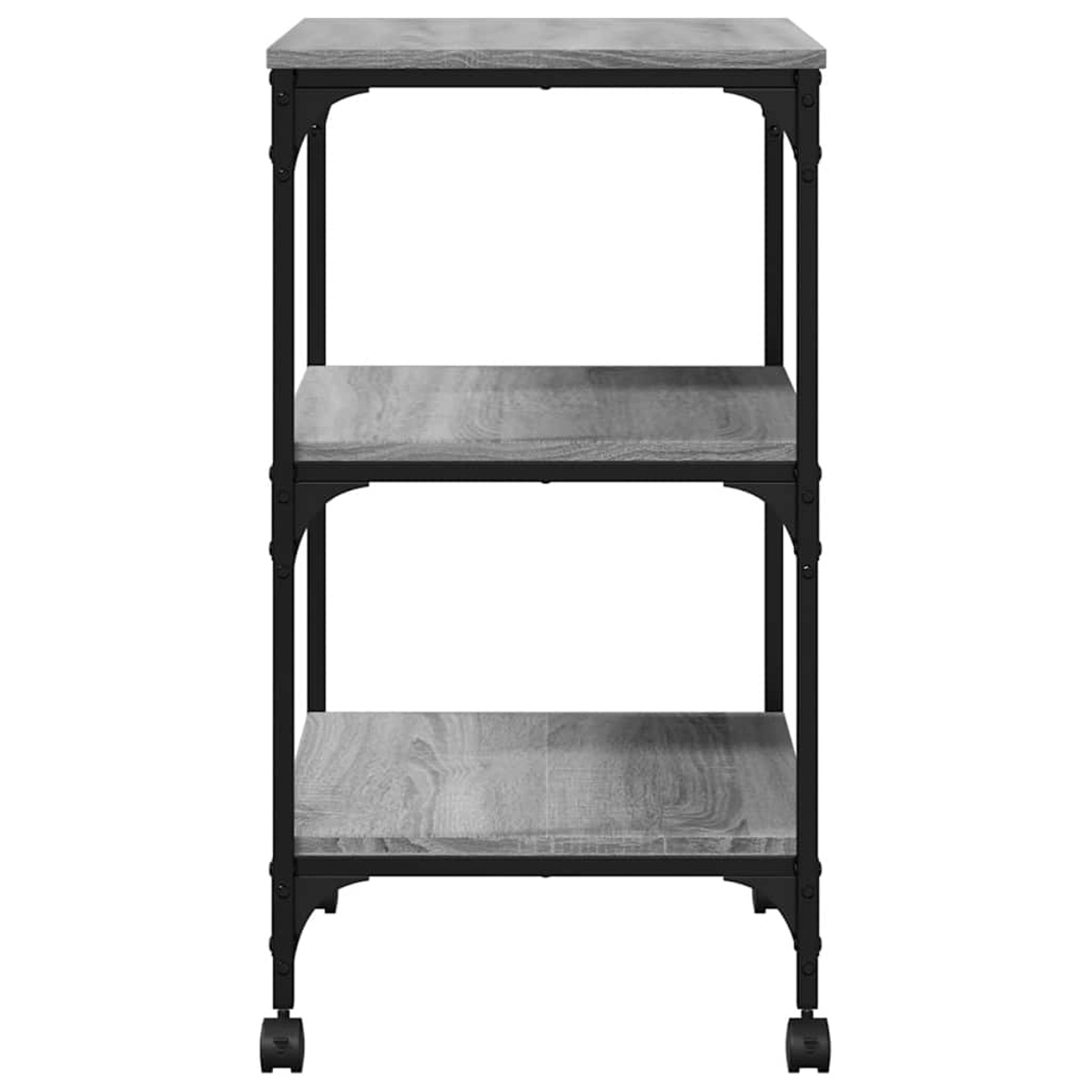 Ein dreistöckiges, grau-schwarzes Rollregal. Die Regale sind holzähnlich, mit schwarzem Metallrahmen. Es steht auf Rollen.