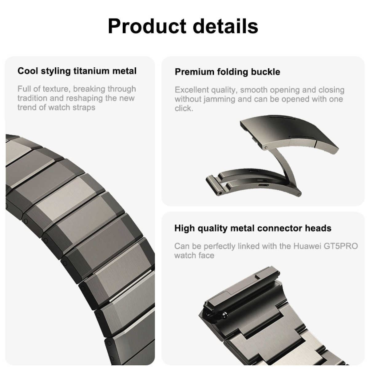 Produktdetails mit einem Uhrenarmband aus Titanmetall, einer Faltschließe und Anschlussköpfen, wahrscheinlich für eine Smartwatch.
