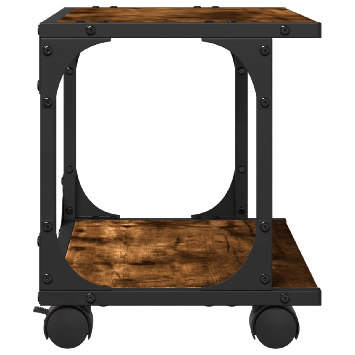 Ein Beistelltisch mit Holzplatte und -ablage, getragen von einem schwarzen Metallrahmen mit Rädern. Das Holz hat ein braunes, gealtertes Aussehen.