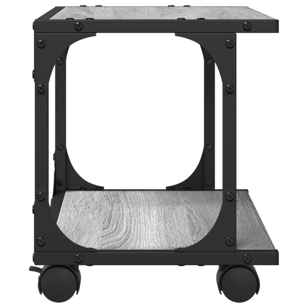 Ein rollender Beistelltisch mit grauer Holzplatte und unterem Regal. Der Rahmen ist aus schwarzem Metall. Zwei schwarze Räder sind sichtbar.