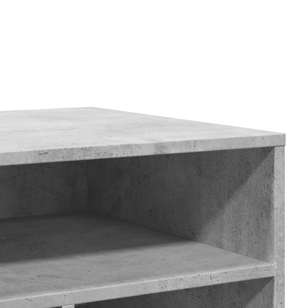 Nahaufnahme eines grauen Betonregals vor weißem Hintergrund. Das Regal hat zwei Regale.