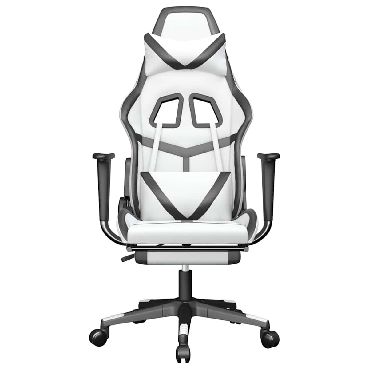 Ein weißer und schwarzer Gaming-Stuhl. Er hat eine hohe Rückenlehne, Armlehnen und ein Fünf-Rollen-Gestell. Der Stuhl ist für Komfort und Halt konzipiert.