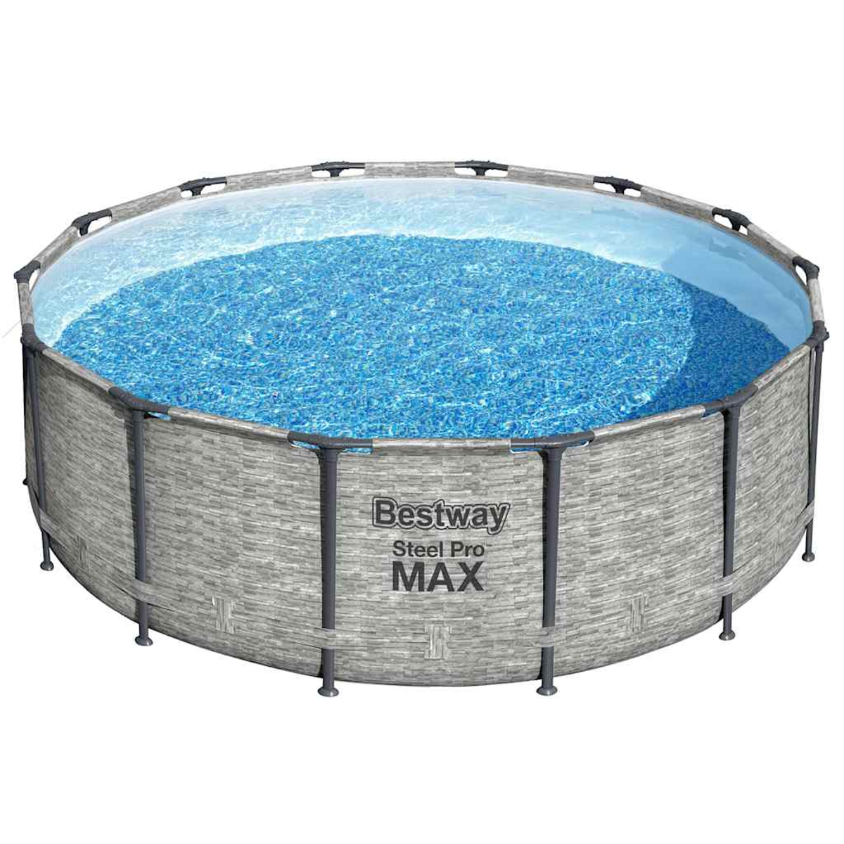 Ein oberirdischer Bestway-Pool mit Wasser. Der Pool hat eine graue, steinartige Außenseite und das Bestway Steel Pro MAX-Logo ist sichtbar.