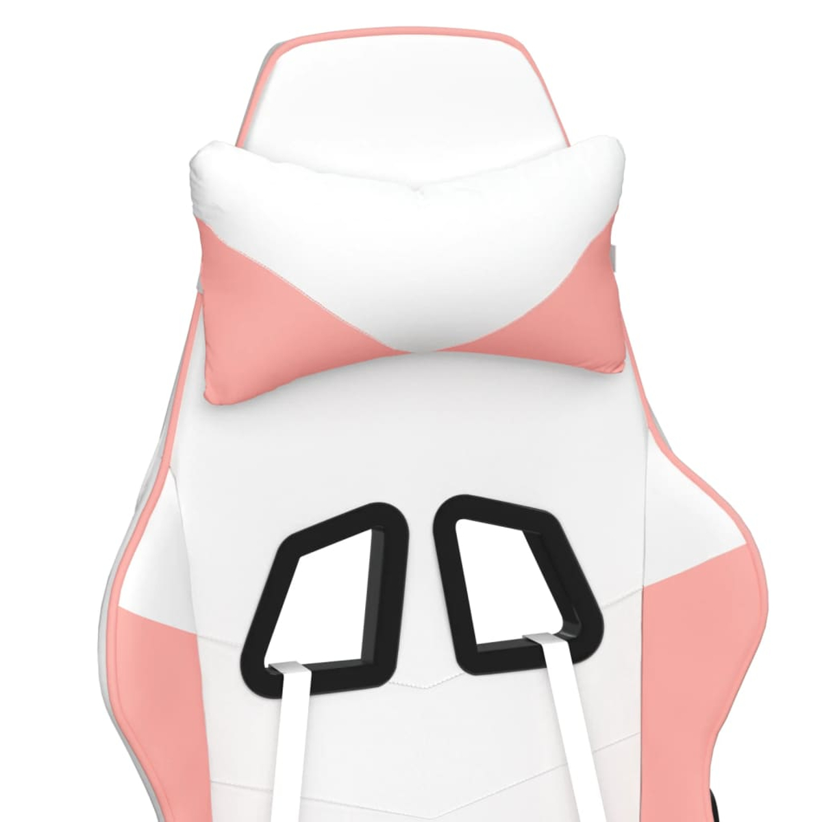 Ein Gaming-Stuhl mit weißen, rosa und schwarzen Details. Der Stuhl hat eine Kopfstütze und zwei schwarze Öffnungen mit weißen Riemen.