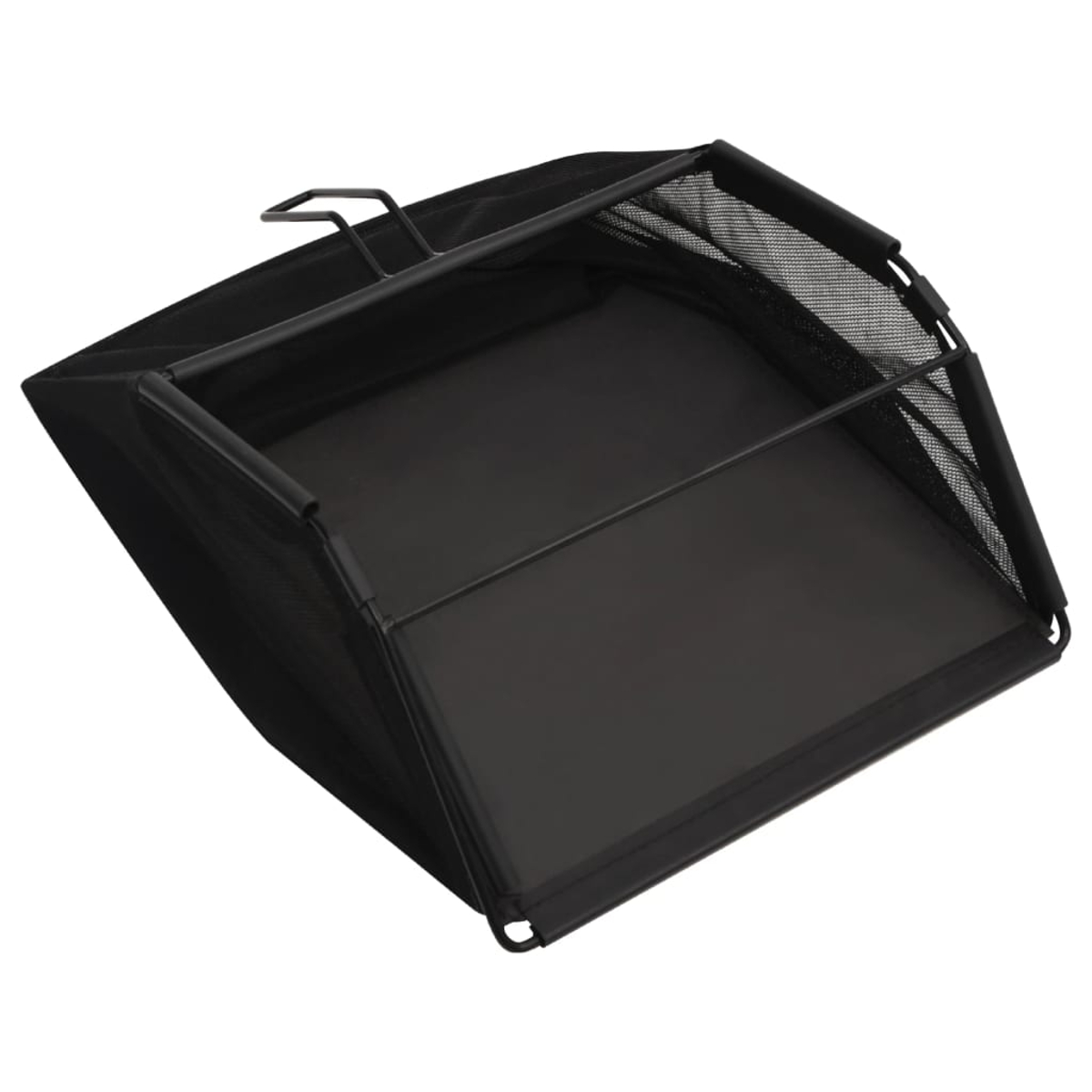 Eine schwarze Rasenmäher-Tasche mit Metallrahmen und Netzseiten wird gezeigt. Die Tasche ist leer und vor weißem Hintergrund positioniert.
