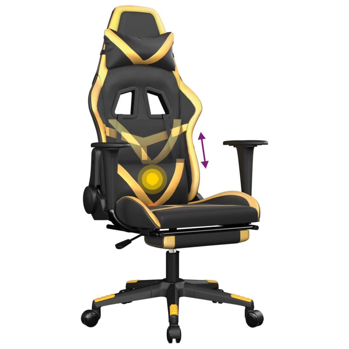 Ein schwarz-goldener Gaming-Stuhl. Er hat eine hohe Rückenlehne mit Kopfstütze, Armlehnen und einem Fuß mit Rollen. Pfeile zeigen Anpassungen an.