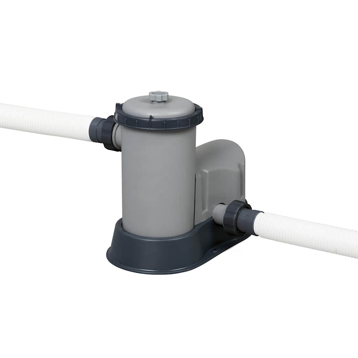 Ein grauer Poolfilter mit dunkelgrauer Basis und Oberteil. Zwei weiße Schläuche verbinden sich mit dem Filter, vor weißem Hintergrund.