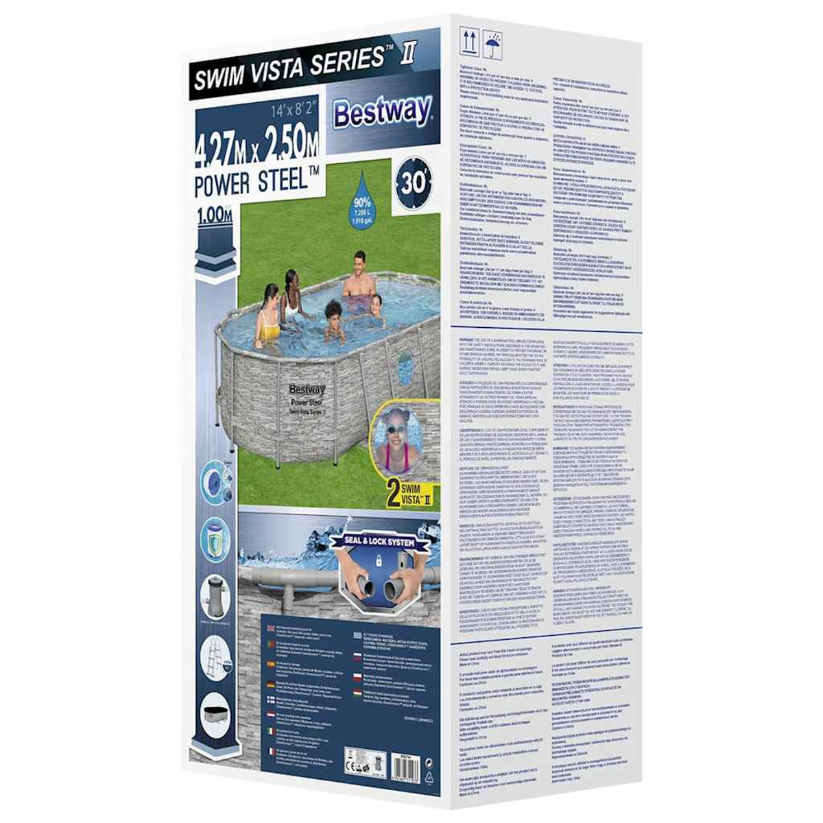 Eine Bestway-Poolbox. Menschen im Pool. Die Box zeigt Abmessungen, Kapazität und Funktionen wie Seal & Lock System.