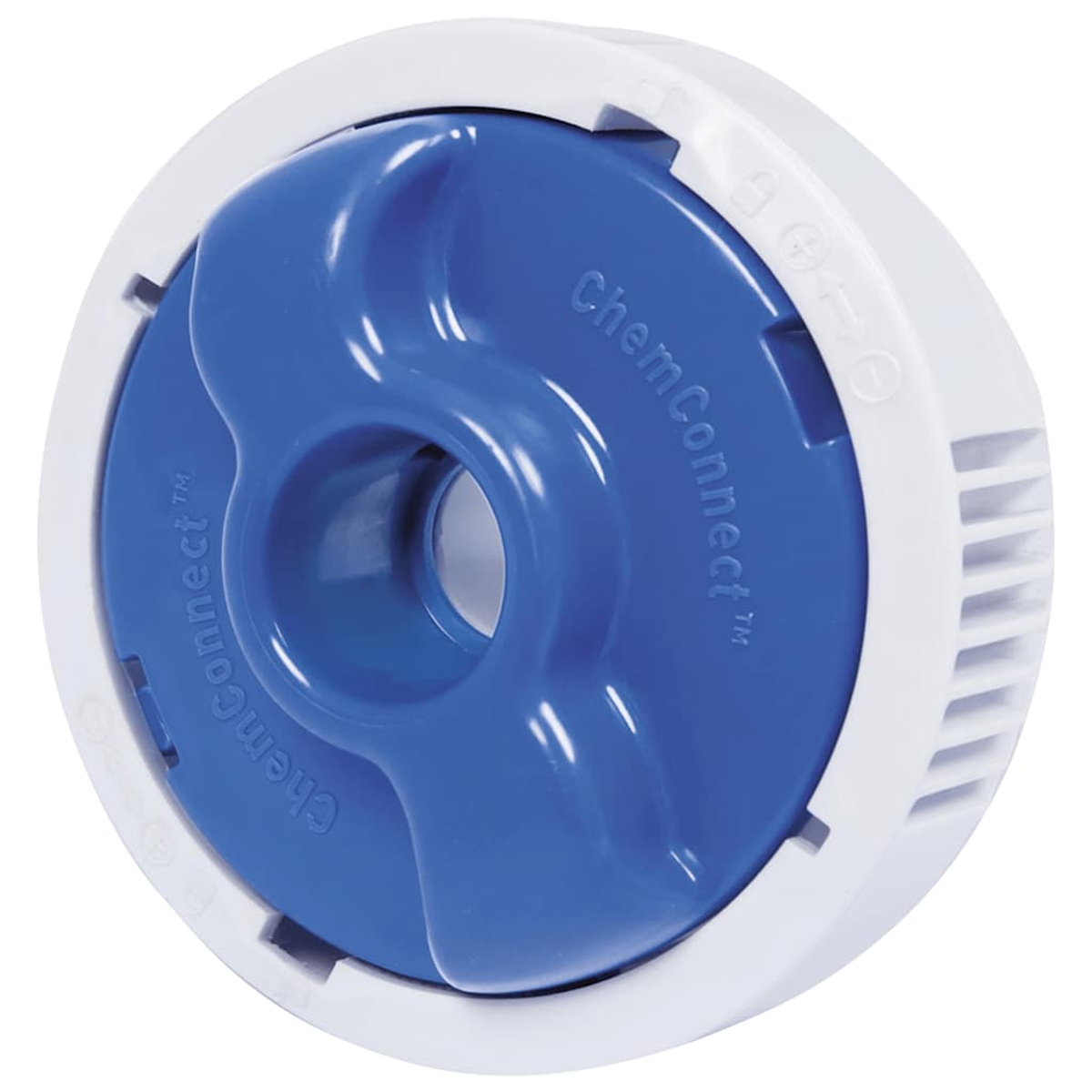 Een wit en blauw ChemConnect-apparaat. Het midden is blauw met een cirkelvormig ontwerp, omgeven door een witte ring met tekst en markeringen.
