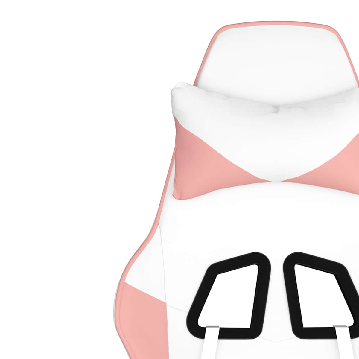 Weiß-rosa Gaming-Stuhl. Er hat eine Kopfstütze und ein Lendenkissen. Auf dem Sitz befinden sich zwei schwarze Formen.