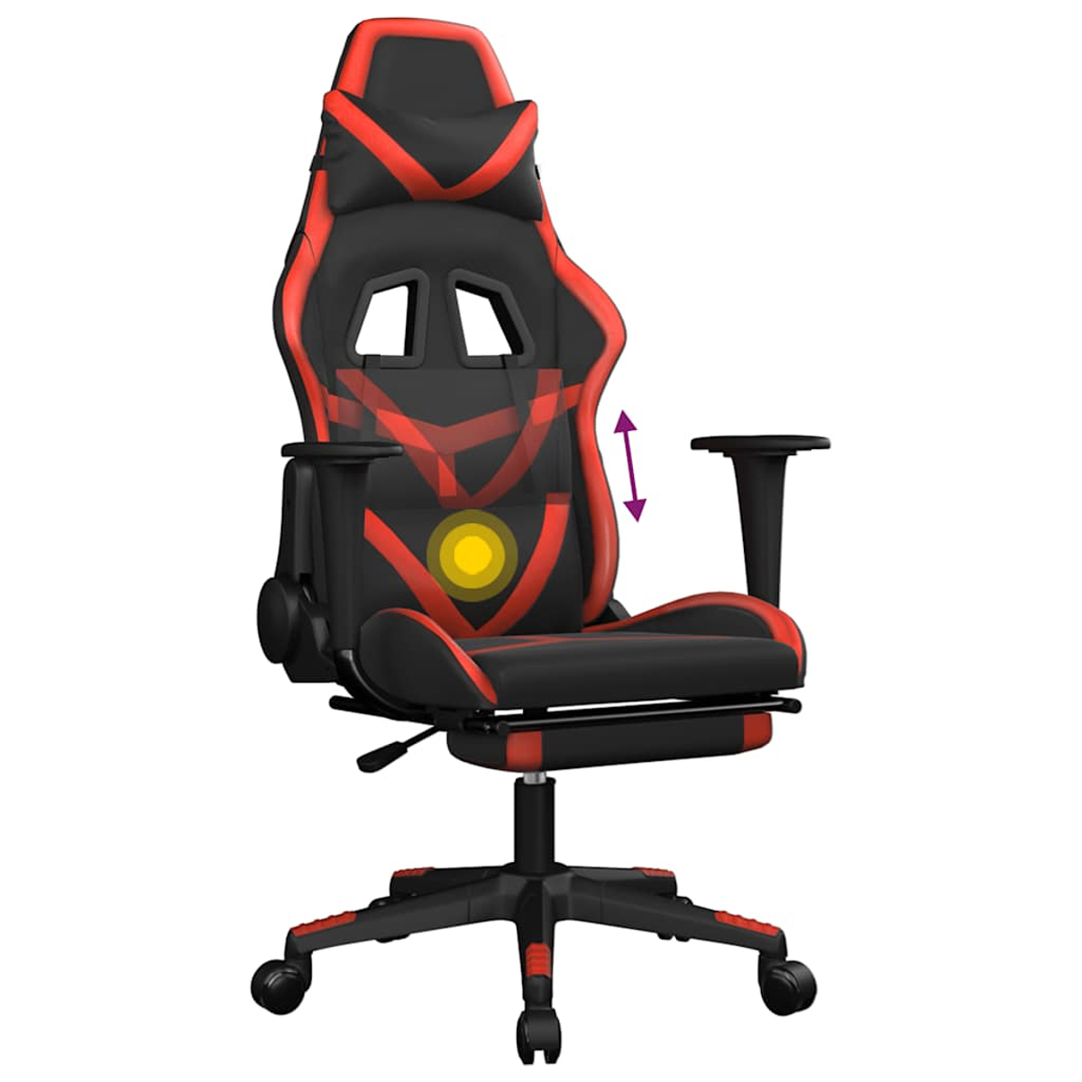 Ein schwarz-roter Gaming-Stuhl mit Kopfstütze, Armlehnen und einem Fünf-Sterne-Fuß mit Rollen. Der Stuhl ist verstellbar.