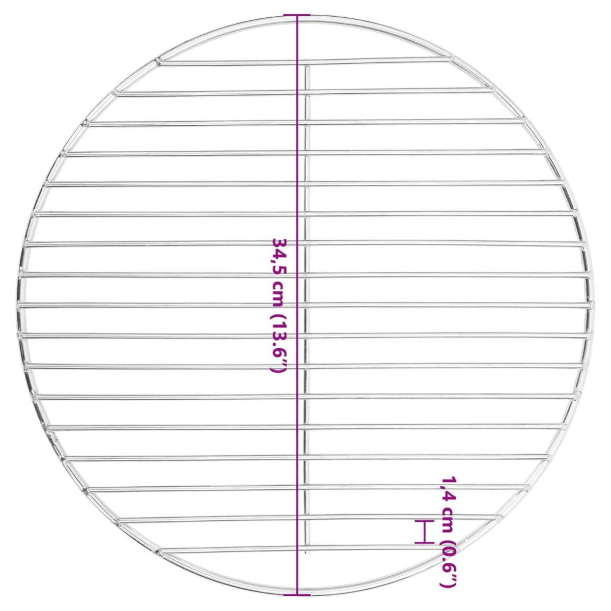 Ein kreisförmiger Metallgrill mit Maßangaben. Der Durchmesser beträgt 34,5 cm und die Dicke 1,4 cm. Es besteht aus silbernem Metall.