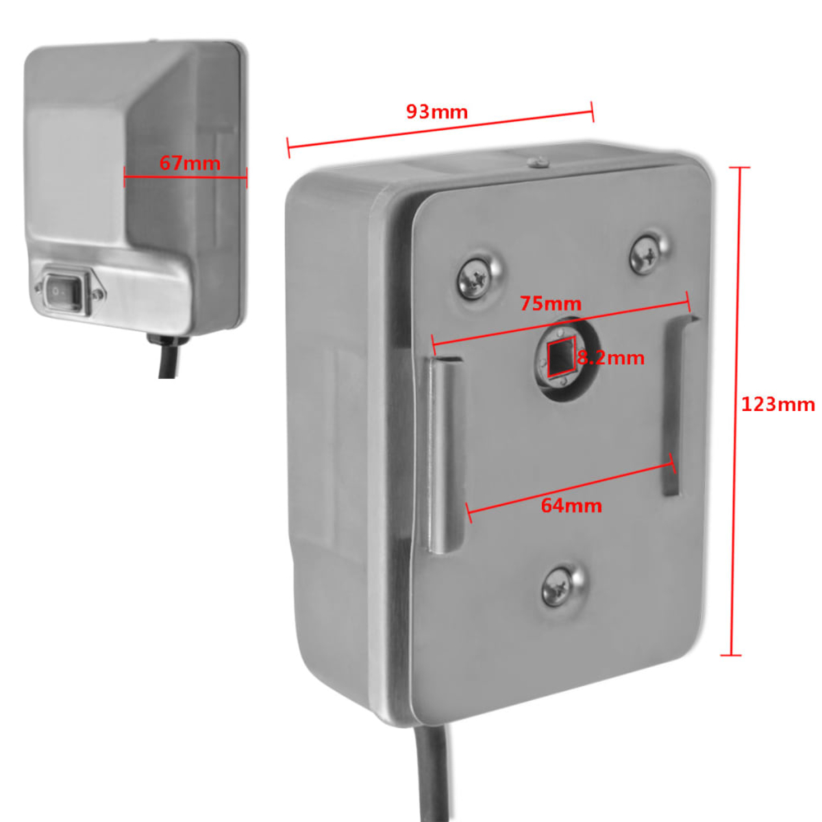 Zwei graue Metallboxen. Eine zeigt Abmessungen. Die andere hat einen Schalter und ein Kabel. Die Boxen haben Schrauben und ein quadratisches Loch.