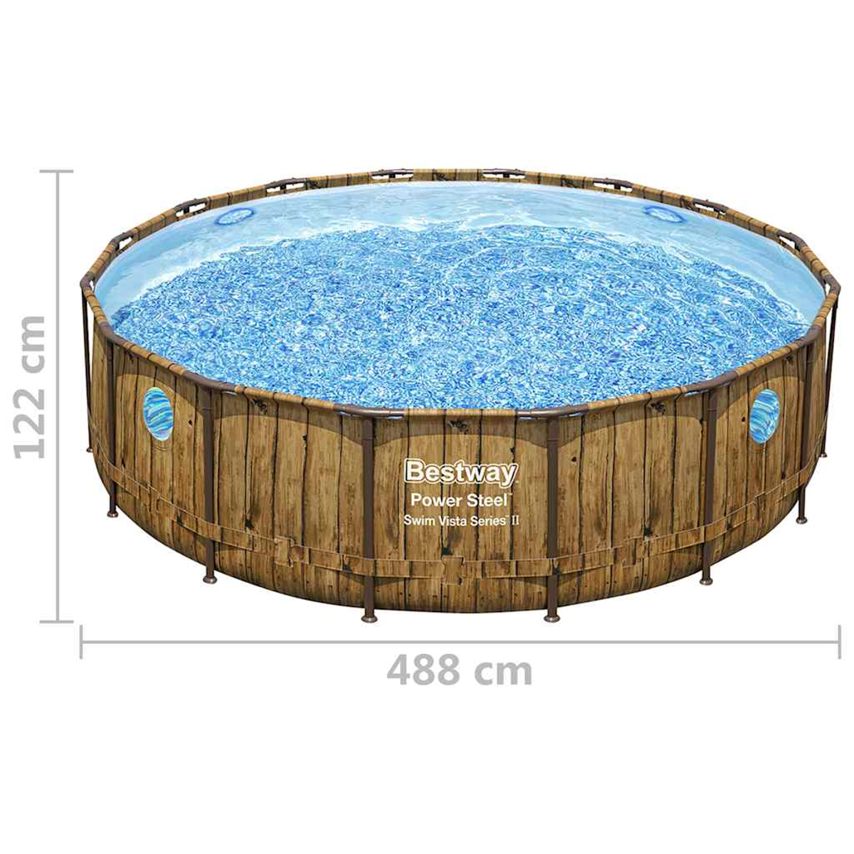 Ein runder Aufstellpool mit holzähnlicher Außenseite. Er ist mit blauem Wasser gefüllt. Die Maße sind 122 cm hoch und 488 cm breit.