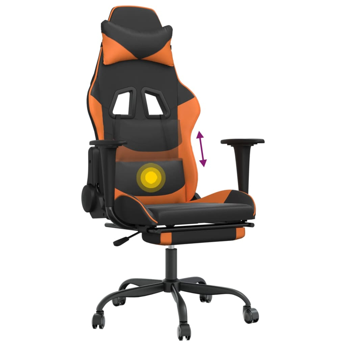 Ein orangefarbener und schwarzer Gaming-Stuhl. Er hat eine Kopfstütze, Lendenwirbelstütze, Armlehnen und eine Fußstütze. Die Basis hat Räder.