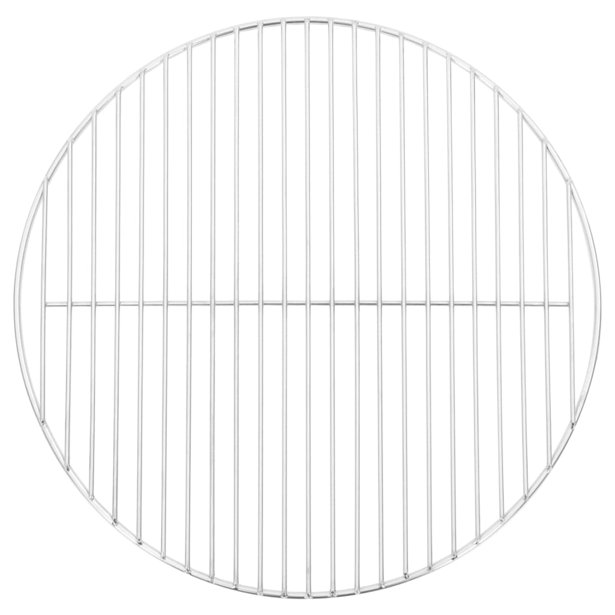 Ein metallischer Grillrost, oval geformt, mit vertikalen Stäben. Er besteht aus glänzendem, silberfarbenem Metall vor weißem Hintergrund.
