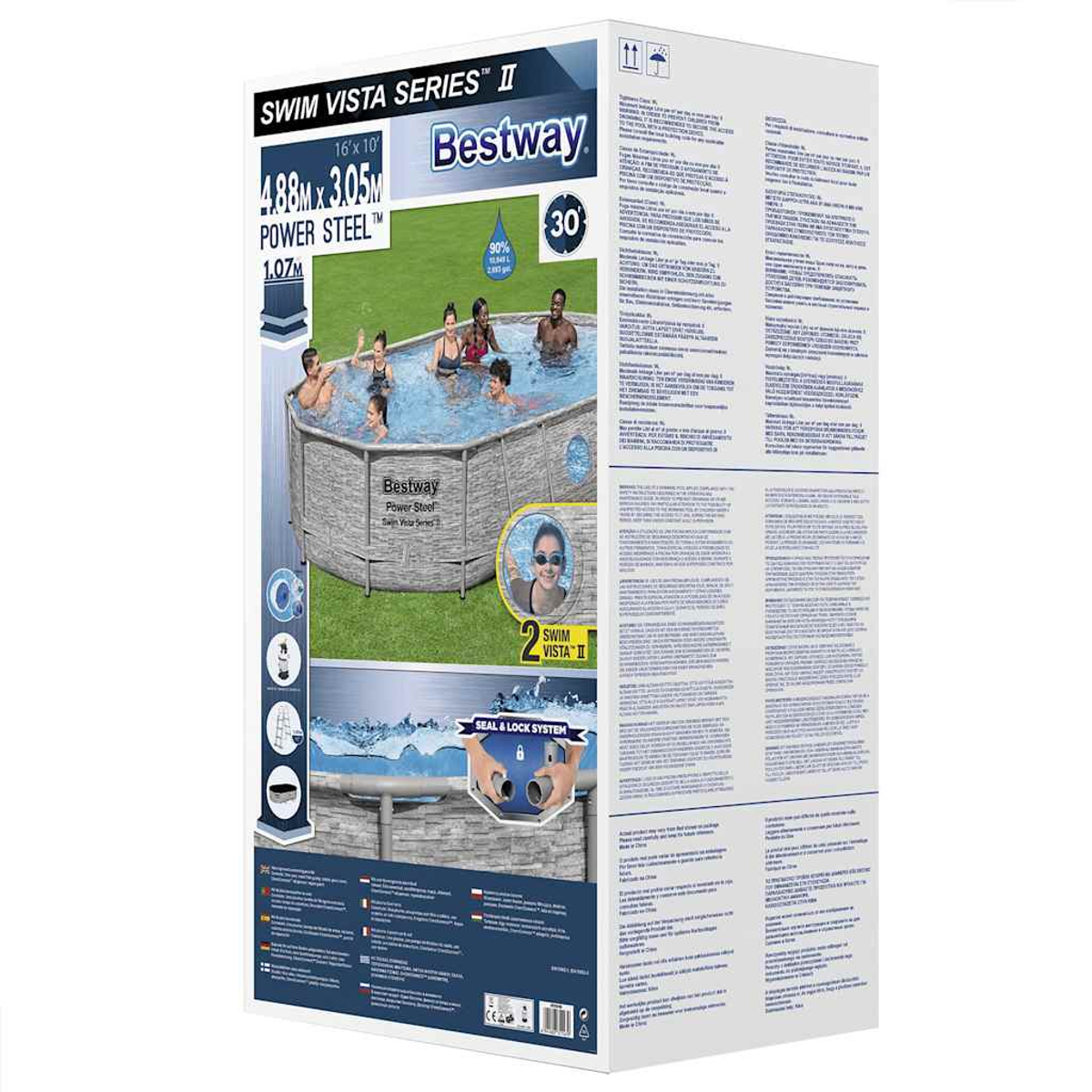 Eine Bestway Poolbox. Sie zeigt einen Pool mit schwimmenden Personen, Abmessungen und Funktionen. Die Box ist überwiegend weiß mit Produktdetails.