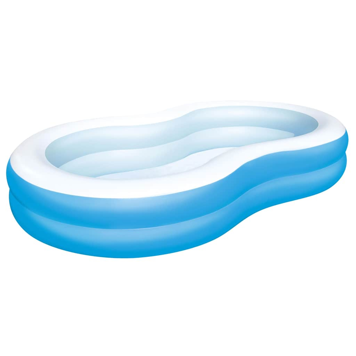 Ein aufblasbarer Pool, oval geformt mit hellblauem Wasser und weißen und blauen Seiten, isoliert auf weißem Hintergrund.