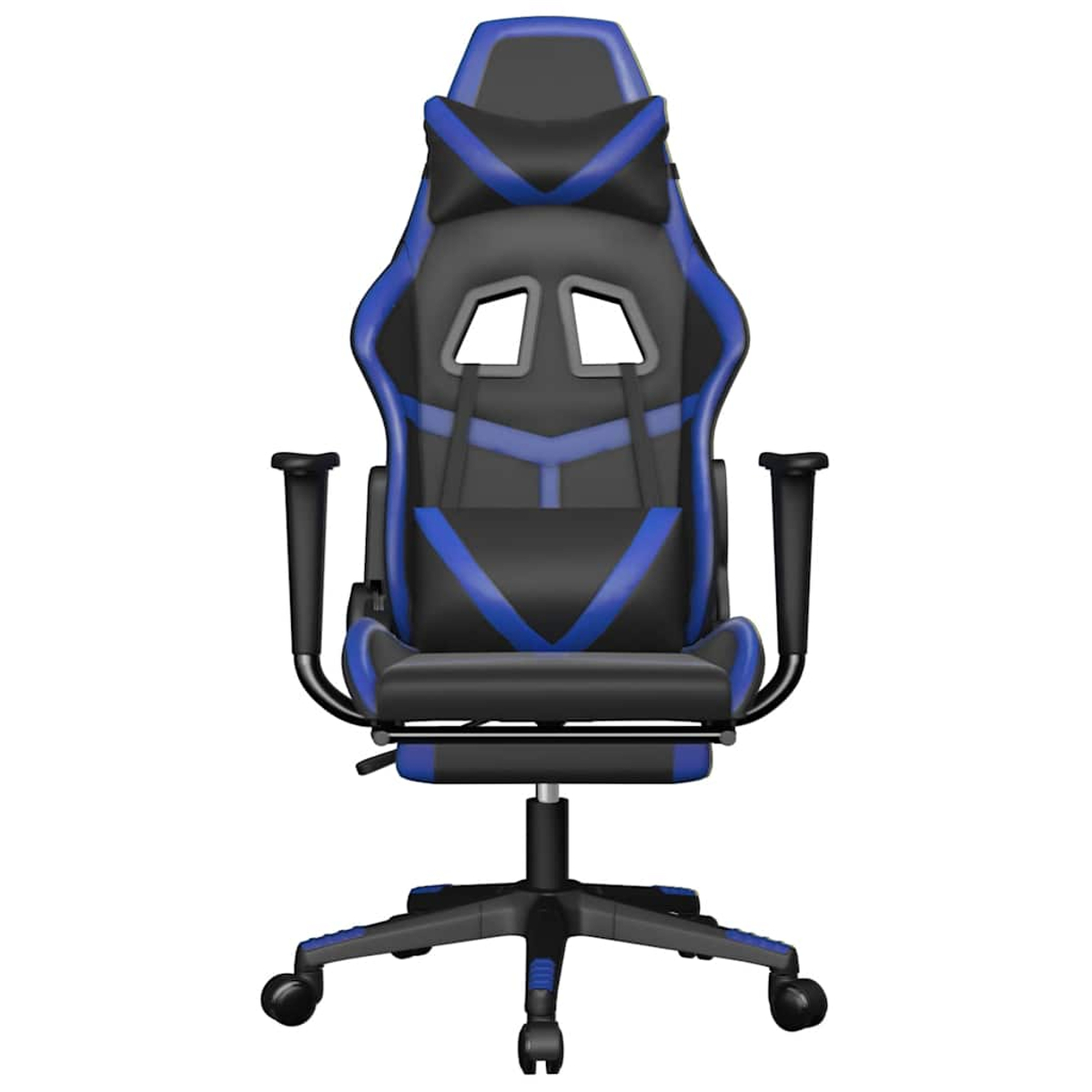 Ein blau-schwarzer Gaming-Stuhl. Er hat eine hohe Rückenlehne, Armlehnen und ein Fünf-Rollen-Gestell. Der Stuhl steht vor weißem Hintergrund.