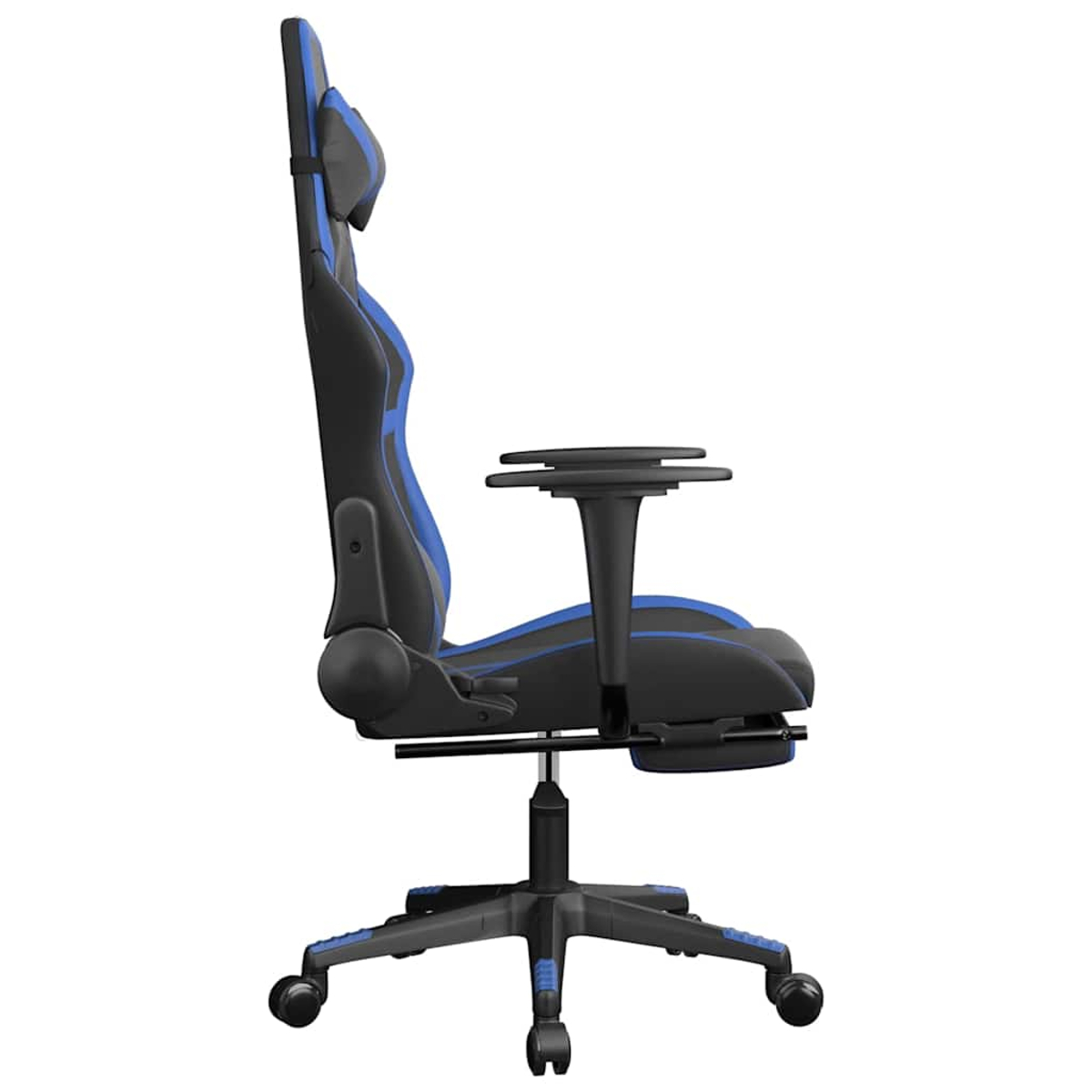 Seitenansicht eines schwarz-blauen Gaming-Stuhls. Er hat eine Kopfstütze, Armlehnen und ein Gestell mit Rädern.