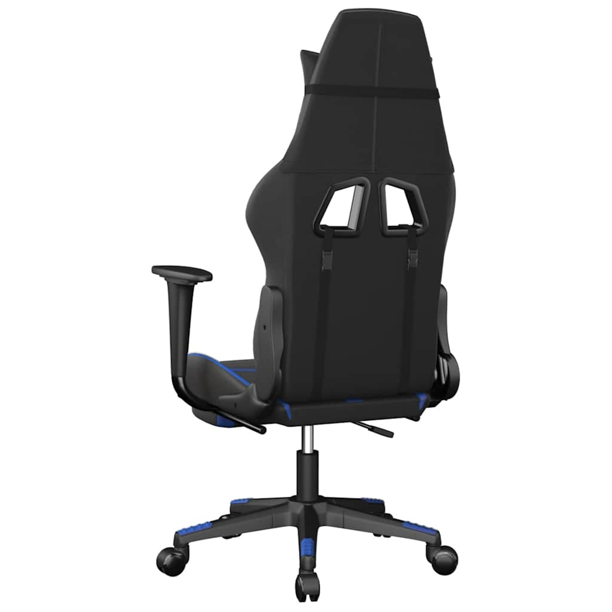 Schwarzer und blauer Gaming-Stuhl, Rückansicht. Verfügt über eine hohe Rückenlehne, Armlehnen und ein Rollgestell auf weißem Hintergrund.
