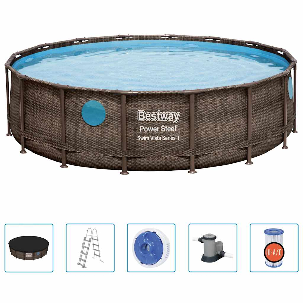 Ein Bestway Power Steel Aufstellpool mit Zubehör. Der Pool ist braun, mit Wasser gefüllt und hat einen blauen Kreis an der Seite.